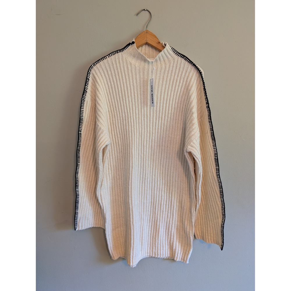 Steve Madden Mock Neck Rib Dress White Cap Whipstitch BN38125F Womens Medium NEW